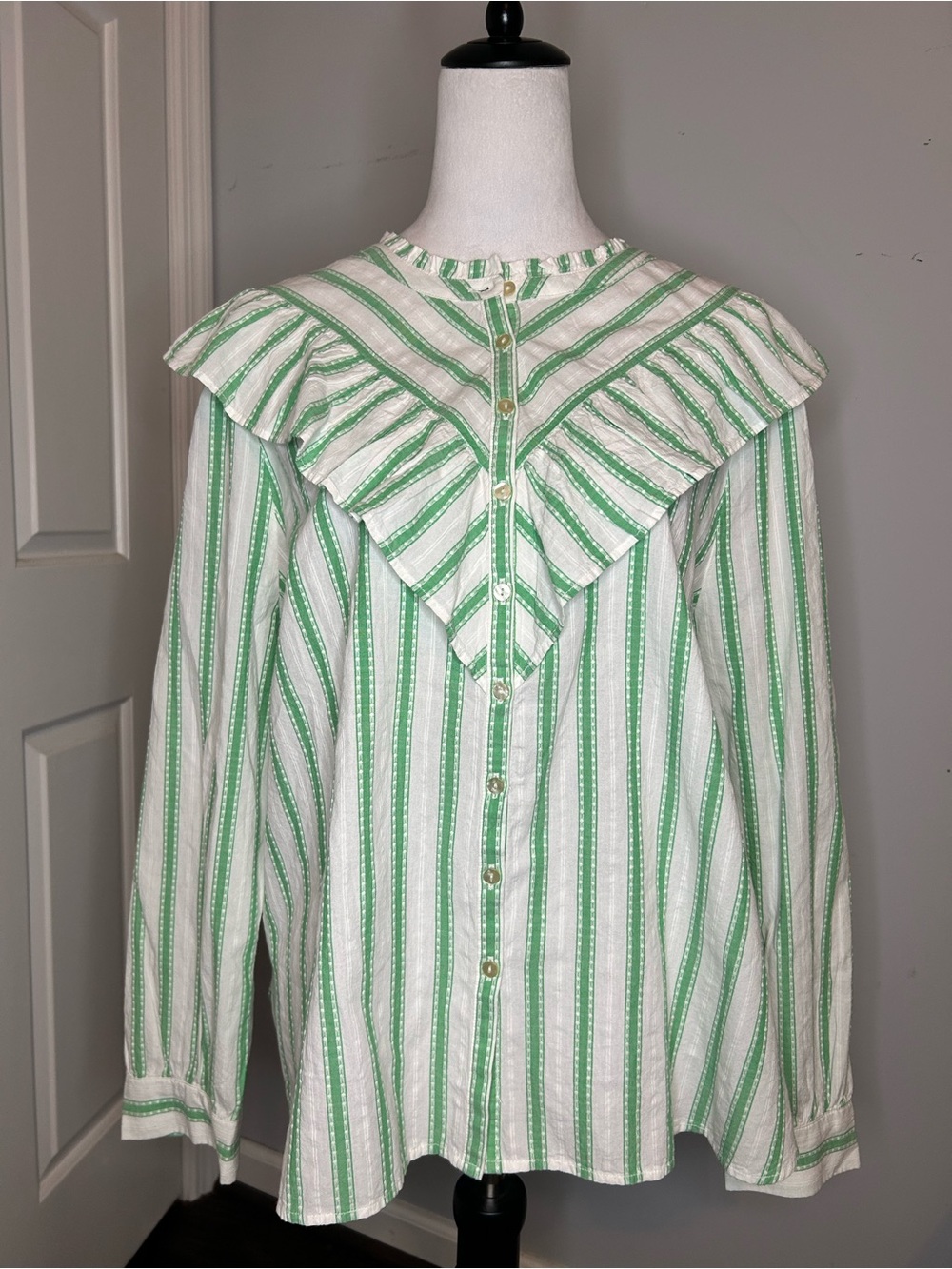 LOFT Green and White Striped Ruffle Button-Up Blouse
